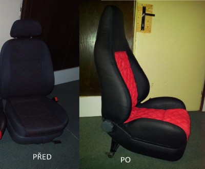 předělání sedačky ze škody octavia I na sportovnější anatomičtější tvar.. materiál: obyčejná kůže, a mnou používaná náhražka alcantary (semiš)